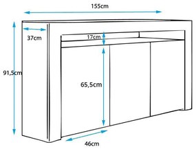 Aparador Lokise de 155cm com LED - Preto Brilhante - Design Moderno