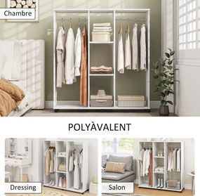 Guarda roupa aberto com varões, móvel de arrumação com rodas, 6 rodas, 120 x 40 x 128 cm, branco