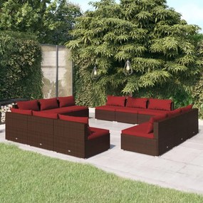 12 pcs conjunto lounge jardim c/ almofadões vime PE castanho