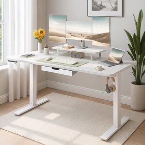 Secretária elétrica com altura ajustável, 140 x 70 x (72-120) cm, suporte para monitor branca