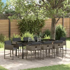 vidaXL Conjunto de Jantar para Jardim de 9 Peças com Almofadas Cinza Rattan Poliéster