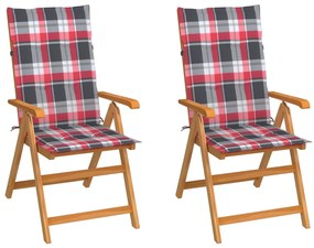 Cadeiras de jardim c/ almofadões xadrez vermelho 2 pcs teca