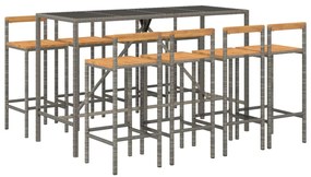 9 pcs conjunto de bar p/ jardim vime PE/acácia maciça cinzento