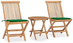 3 pcs conj. jantar dobrável exterior c/ almofadão teca maciça