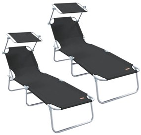 Espreguiçadeiras Dobráveis 2 pcs com Teto Preto Tecido Oxford 600D