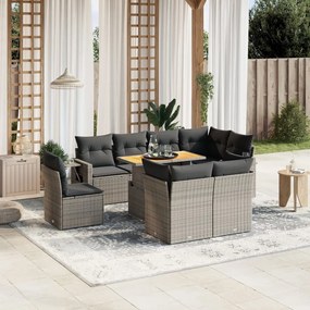 9 pcs conjunto sofás p/ jardim com almofadões vime PE cinzento
