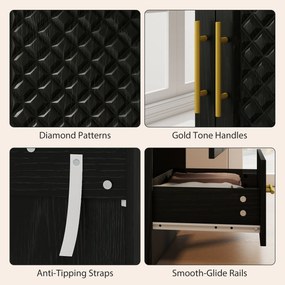 Guarda Roupa com Espelho 2 Portas e 2 Gavetas Relevo de Diamante Barra para Pendurar Estilo Moderno 80x50x180 cm Preto