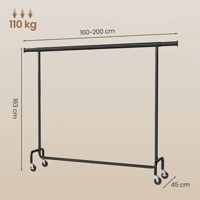 Cabide guarda roupa com rodas 45 x (160-200) x 162,9 cm, barra extensível, capacidade de carga até 110 kg preto