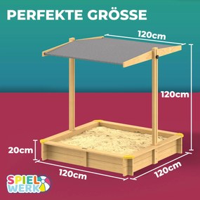 Caixa de areia crianças para jardim 120 x 120 x 120 cm com cobertura inclinável castanha clara