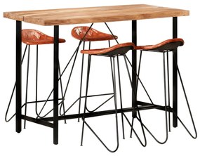 vidaXL 5 pcs conjunto de bar madeira maciça e couro genuíno