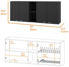 Móvel de cozinha em melamina Rochet com 4 armários e 3 prateleiras 60 x 150 x 31,5 cm, Preto