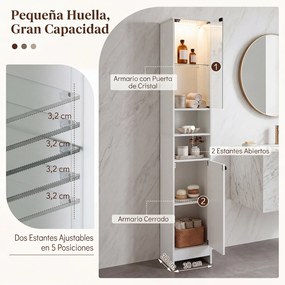 Armário de Casa de Banho Alto e Estreito, 30 x 30 x 170 cm, Luz LED Regulável com Comando à Distância, Branco