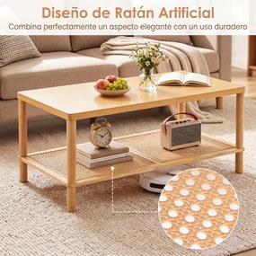 Mesa de Centro retangular, 100 x 52 x 45 cm, Dois Níveis de Arrumação, Natural