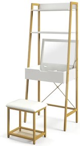 Toucador maquiagem em formato de escada com cadeiras de painel duplo, compartimentos ocultos e banco acolchoado Branco + Dourado