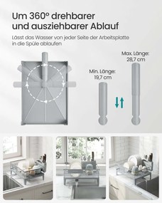 Escorredor de louça 31 x 42 x 18,5 cm com tabuleiro de recolha e suporte para talheres, cinzento