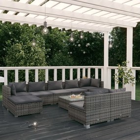 vidaXL 10 pcs conjunto lounge de jardim c/ almofadões vime PE cinzento