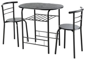 Conjunto de jantar Mesa de jantar em madeira e metal e 2 cadeiras de jantar com Estante para vinho para cozinha Preto