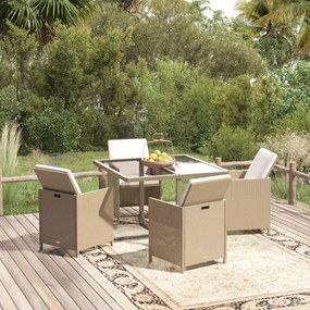 vidaXL 5 pcs conjunto jantar p/ jardim c/ almofadões vime PE bege