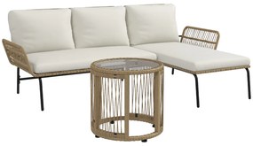 Outsunny Conjunto de Móveis de Jardim em Vime com Sofá de 2 Lugares Chaise Longue Almofadas e Mesa Auxiliar Creme e Madeira | Aosom Portugal