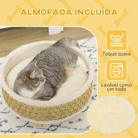 Cama Elevada para Gatos e Cães Miniatura com Almofada Lavável Corda de Seagrass Estrutura de Madeira Ø48x24,5 cm Bege