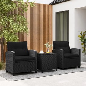 Conjunto de móveis de jardim de 3 peças de rattan com almofadas de assento e encosto e Mesa de centro de vidro temperado preto / preto
