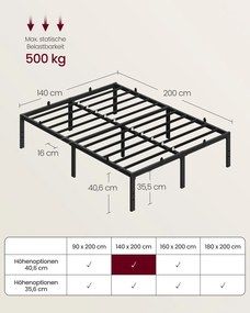 Estrutura de cama em metal 200 x 140 x 40,6 cm (COLCHÃO NÃO INCLUIDO) com espaço de arrumação e design moderno Preta