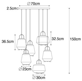 Candeeiro suspenso art déco preto com vidro fumê 6 luzes - Kevin Art Deco