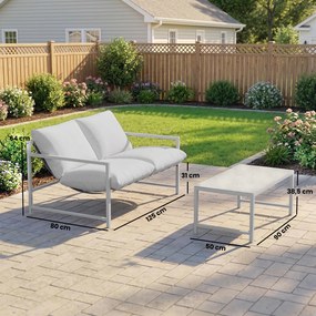 Conjunto de jardim de 2 peças, sofá com almofadas, mesa de centro em vidro temperado com efeito mármore 3D, 125 x 80 x 64 cm, cinzento claro