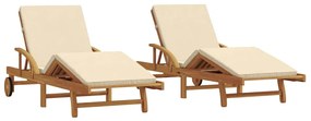 Espreguiçadeiras de Sol 2 pcs com Almofadas e Rodas Bege Madeira Sólid