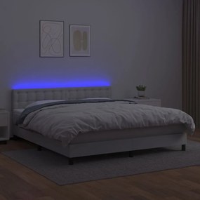 Cama box spring c/colchão/LED 180x200cm couro artificial branco