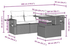 5 pcs conj. sofás jardim c/ almofadões vime PE cinzento-claro