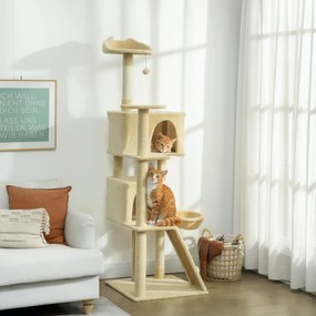 Arranhador para Gatos com Múltiplas Plataformas Cama 2 Cavernas Rede Escada Postes de Sisal 56x56x180 cm Bege