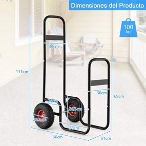 Carrinho de transporte de lenha com rodas de borracha resistentes ao desgaste e ao choque 66 x 51 x 111 cm preto