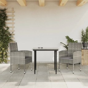 3203320 vidaXL 3 pcs conjunto de jantar para jardim vime PE e aço cinza/preto