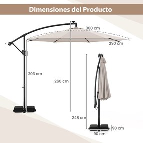 Guarda-sol 300 x 260 cm com base, iluminação LED, 9 modos, ajuste fácil da inclinação, rotação de 360° Bege