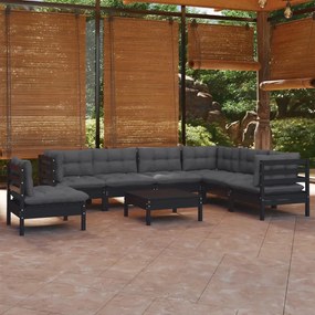 8 pcs conjunto lounge jardim c/ almofadões pinho maciço preto