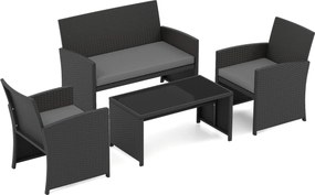 Conjunto de jardim em rattan com 4 peças: sofás de 2 lugares, mesa de vidro temperado e almofadas para exterior, varanda ou piscina, Preto+cinzento