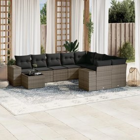 10 pcs conjunto sofás de jardim c/ almofadões vime PE cinzento