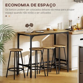 Conjunto de Móveis Altos de Bar com 5 Peças Mesa de Refeição Industrial e 4 Bancos Redondos Castanho Rústico e Preto