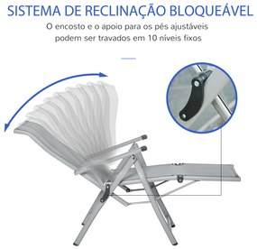 Espreguiçadeira dobrável para jardim Cadeira ajustável de 10 posições com encosto alto e apoio para pés carga máx. 150 kg 78x58x110 cm Cinza