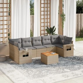 8 pcs conj. sofás jardim c/ almofadões vime PE bege misturado