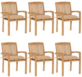Cadeiras de jardim empiháveis c/ almofadões 6 pcs teca maciça