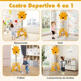 Cesto de basquetebol Veado 4 em 1 com baliza de futebol, argolas e golfe, altura ajustável, base reenchível para interior e exterior Amarelo