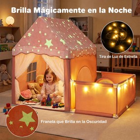 Casa de Jogos 2 em 1 com Parque Infantil, 169 x 120 x 136 cm, Luzes Estreladas, Rosa