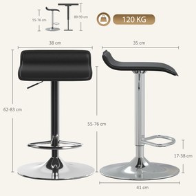 Conjunto de 2 Bancos de Bar Giratórios Bancos Altos de Cozinha com Altura Ajustável 62-83 cm com Encosto e Apoio para os Pés Preto