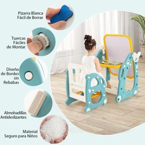 Conjunto de mesa e cadeira para crianças com quadro branco ajustável de 3 níveis Telescópio Telescópio Cesto de arrumação Marcadores Marcadores Anéis