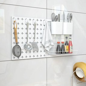 Quadro de parede com 2 painéis de fixação, ímanes para prateleiras de arrumação e ganchos para cozinha ou escritório em branco