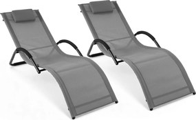 Conjunto de 2 espreguiçadeiras de exterior com estrutura curva, encosto de cabeça removível e apoios de braços ergonómicos para jardim, ou praia, cinz