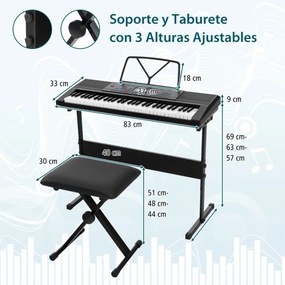 Teclado eletrónico portátil de 61 teclas com suporte e banco Conjunto completo de piano digital Branco + Preto