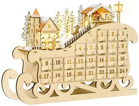 HOMCOM Calendário de Advento de Natal com Luzes LED e 24 Gavetas Decoração de Natal Modelo de Trenó 45x10x31cm Madeira Natural